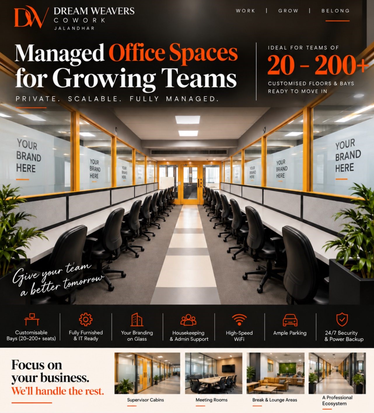 Managed office spaces for growing teams of 20 to 200+ at Dream Weavers Cowork, PPR Mall Jalandhar